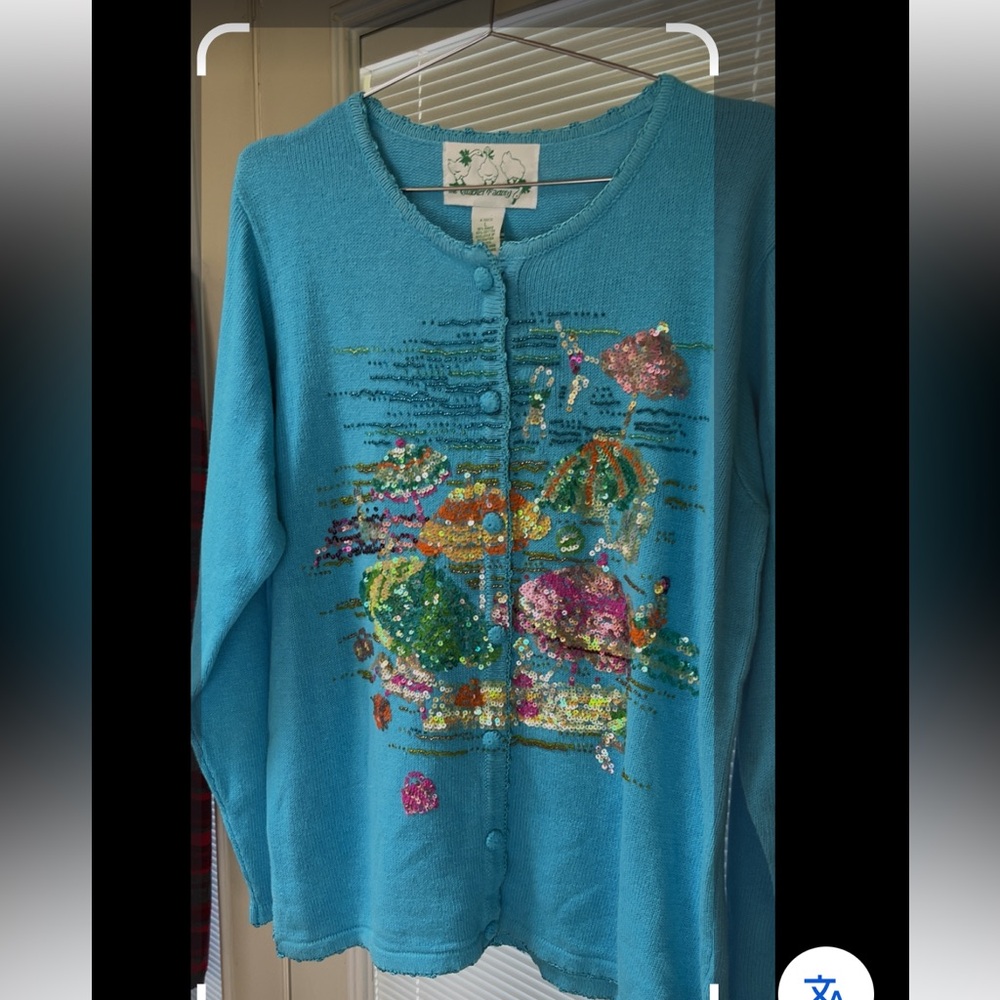Quacker Factory Blue Cardigan with Tropical Design